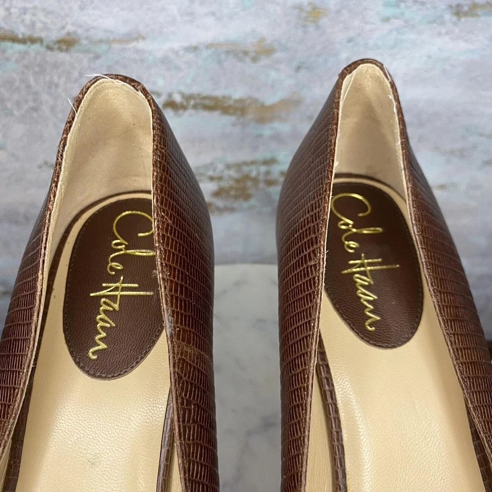 Cole Haan Shoes Womens Size 7.5 Brown Leather Round Toe High Heel Textured Pumps
